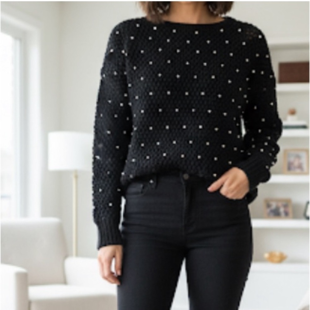 Alice + Olivia Wool Knit Rhinestone Sweater Size Small Black
